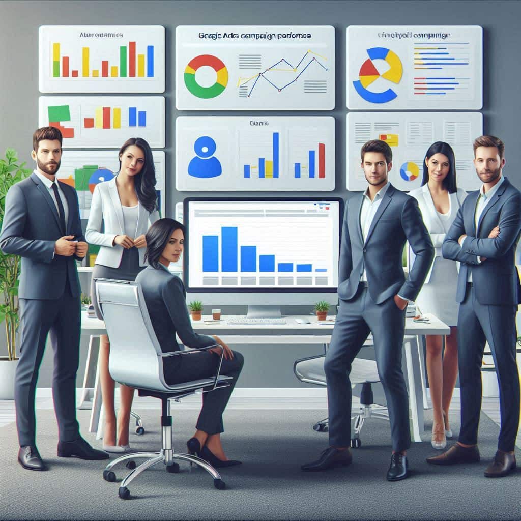 Equipo profesional de una agencia SEM analizando resultados de campañas

